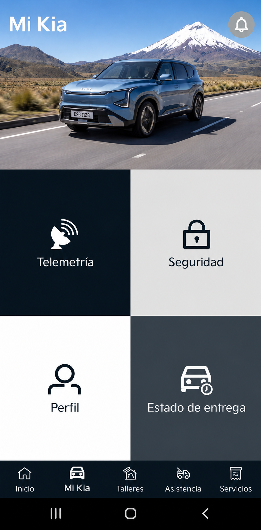 Pantalla Mi Kia con accesos a telemetría, seguridad, perfil y estado de entrega.